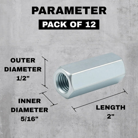 Universal 5/16-18 Threaded Rod Coupler Nut 2 Inch Length 12 Pack Zinc Plated Carbon Steel Hex Extension Fasteners