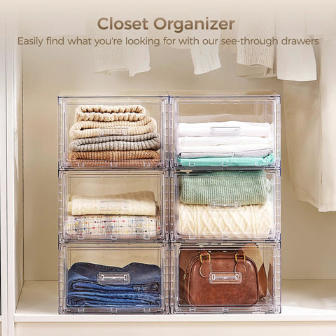 Real Slick Clear Stackable Closet Storage Drawers 4 Pack Medium Capacity 15 Quart Plastic Organizer Bins Featuring Smooth Glide Mechanism with folded clothes.