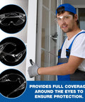 Man wearing Visitor Safety Glasses For Men And Women With Wraparound Polycarbonate Lenses, ANSI Z87 Certified For Shooting Range And Lab Use, Anti Scratch Outdoor Goggles, Clear 1 Pack exemplifying full eye coverage.
