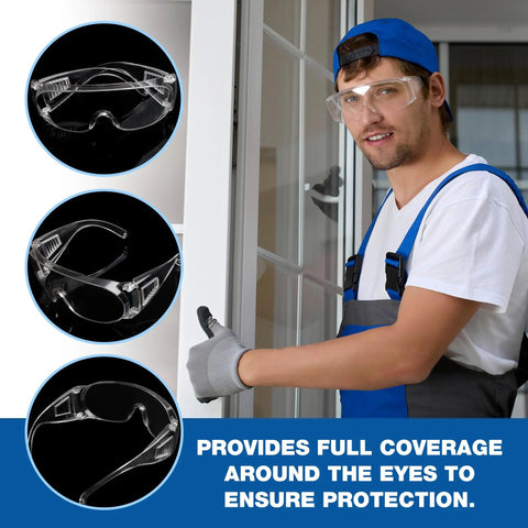 Man wearing Visitor Safety Glasses For Men And Women With Wraparound Polycarbonate Lenses, ANSI Z87 Certified For Shooting Range And Lab Use, Anti Scratch Outdoor Goggles, Clear 1 Pack exemplifying full eye coverage.