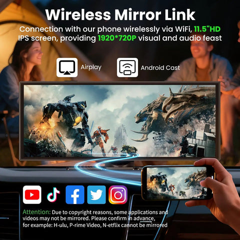 11.5 Inch Wireless CarPlay Screen For Your Ride With Apple CarPlay And Android Auto held by a person, showing movie mirrored