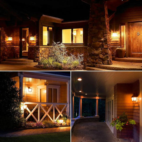 Amber Dusk to Dawn Outdoor Bug Light Bulbs 2 Pack Auto On Off E26 Base 10W 100W Equivalent Amber Glow illuminating porches.