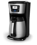 12-Cup Thermal Coffee Maker With Wide Mouth Carafe And No-Drip Pour Spout, Black Silver Finish, shown with digital display