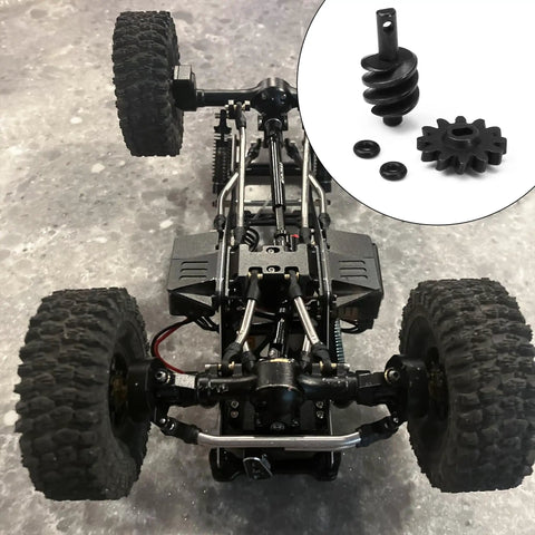 Overdrive Helical Gear Set 2-12T For 1/24 Axial SCX24 Crawler Upgrades with steel worm gears shown installed on RC chassis