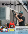 Pro Grade Vacuum Pump And Gauge Set With 4 Way Aluminum Manifold Leak Detector And PVC Storage Case For AC Maintenance Four Point Five CFM Pump Compatible With R22 R134A And R410A Refrigerants shown in use with AC unit maintenance