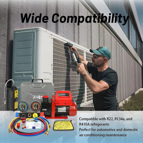 Pro Grade Vacuum Pump And Gauge Set With 4 Way Aluminum Manifold Leak Detector And PVC Storage Case For AC Maintenance Four Point Five CFM Pump Compatible With R22 R134A And R410A Refrigerants shown in use with AC unit maintenance