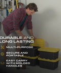 Person organizing Heavy Duty 5 Gallon Stackable Storage Bins With Lids, Weather Resistant Plastic Organizer Set in garage