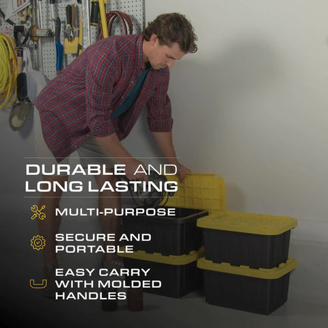 Person organizing Heavy Duty 5 Gallon Stackable Storage Bins With Lids, Weather Resistant Plastic Organizer Set in garage