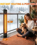 Grab And Go 1500W Infrared Patio Heater for Outdoor and Indoor Use beside a woman and dog on a porch