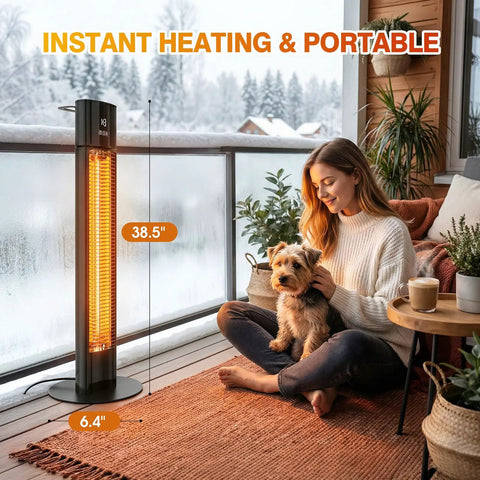 Grab And Go 1500W Infrared Patio Heater for Outdoor and Indoor Use beside a woman and dog on a porch