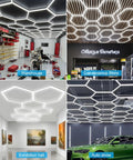Six Sided LED Garage Light With Five Grid Panels Hella Bright 26520 Lumens in warehouse, store, gallery, auto show ceiling view