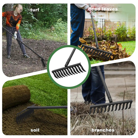 60 Inch Bow Rake With 12 Tines Metal Head And Adjustable Handle For Lawn Care Thatch Removal Loose Soil Leveling Debris Gathering