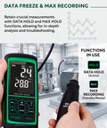 Vibration Meter With Remote Probe VM-424 For Industrial Motors And Gearboxes Measures Acceleration Up To 199.9 m/s2 Velocity Up To 199.9 mm/s Displacement Up To 1.999 mm 10 Hz To 3 kHz Magnetic Sensor For Tight Space Diagnostics. Data hold and max hold display