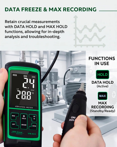 Vibration Meter With Remote Probe VM-424 For Industrial Motors And Gearboxes Measures Acceleration Up To 199.9 m/s2 Velocity Up To 199.9 mm/s Displacement Up To 1.999 mm 10 Hz To 3 kHz Magnetic Sensor For Tight Space Diagnostics. Data hold and max hold display