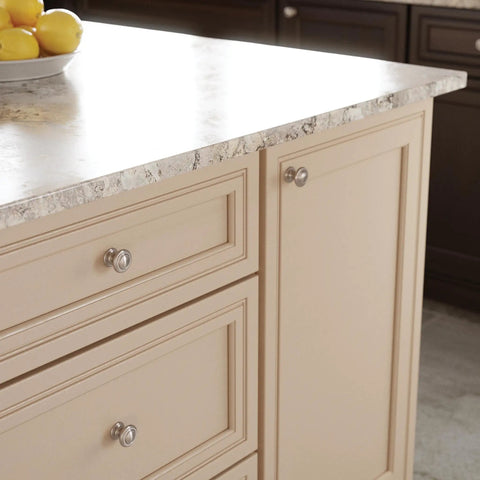 10-Pack Satin Nickel Cabinet Knobs Set One And One Eighth Inch Round With Simple Double Ring on kitchen cabinets