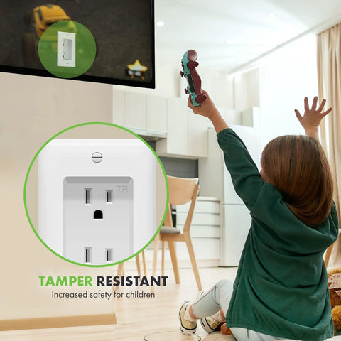 Child playing near a TV with a Recessed Duplex Outlet Kit For Wall Mount Tamper Resistant 15A 125V 1 Gang White Finish visible.