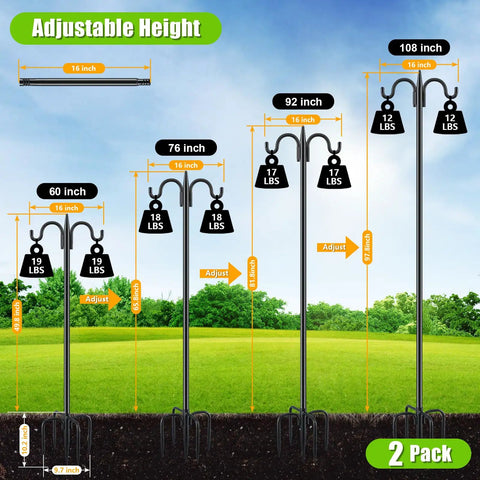Two Pack 92 Inch Heavy Duty Shepherds Hook Garden Pole Set with adjustable 92 to 46 inch height, heavy-duty outdoor hanger.