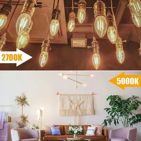 LED Filament Chandelier Bulbs Dimmable 5.5W 60W Equivalent Daylight White 5000K 550 Lumens B11 E12 Candelabra Clear Glass Candle Bulbs 6 Pack UL Listed For A Dope Home Lighting Upgrade in living room setting with comparison to 2700K lighting.