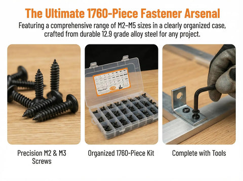 Massive 1760 Piece Metric Screw Set M2 To M5 With Alloy Steel Hex Socket Head Cap Bolts And Nuts, Black Zinc Plated