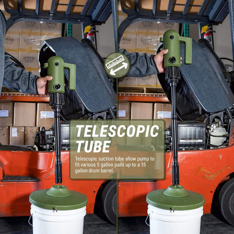 Heavy Duty Electric Pail And Bucket Transfer Pump Shifting 4 5 Gallons Per Minute With Adjustable Flow Nozzle built with telescopic tube for various pail sizes.