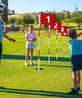 Four Pack Golf Flag Sticks With 6 Foot Putting Green Red Digital Style Flags Numbered No 1 Through No 4 in backyard practice