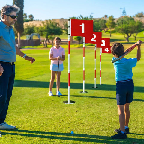 Four Pack Golf Flag Sticks With 6 Foot Putting Green Red Digital Style Flags Numbered No 1 Through No 4 in backyard practice