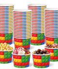 Snag This Bulk 60 Pack Disposable Paper Cups Building Block Ice Cream Bowls 16 Oz Capacity filled with snacks and ice cream.