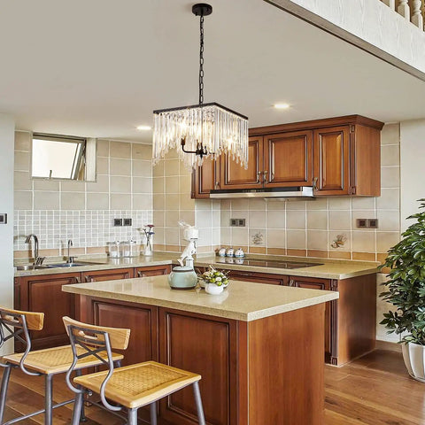 Four Light Crystal Chandelier With Black Iron Frame And K9 Clear Crystals in kitchen above island, vintage industrial modern style