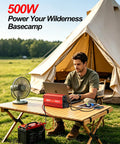 Man using Portable 300W Car Inverter Power Converter From 12V DC To 110V AC With Dual USB Ports And Two AC Outlets at campsite