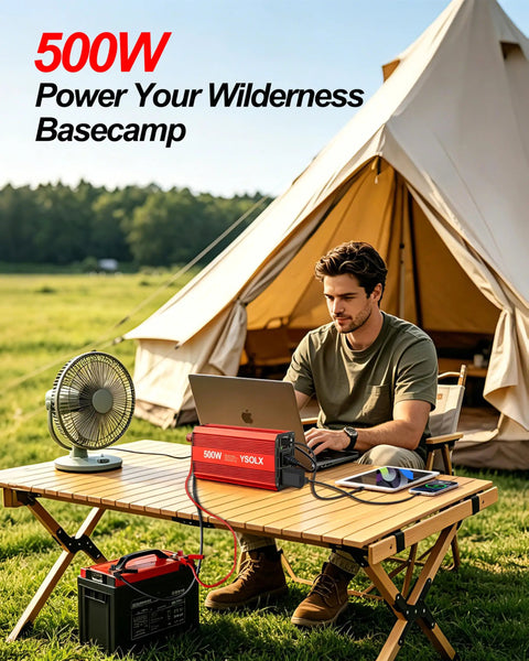 Man using Portable 300W Car Inverter Power Converter From 12V DC To 110V AC With Dual USB Ports And Two AC Outlets at campsite