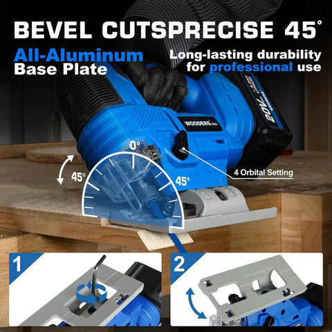 20V Brushless Cordless Jig Saw With 4.0Ah Battery on wooden surface showing 45° bevel cut and aluminum base plate
