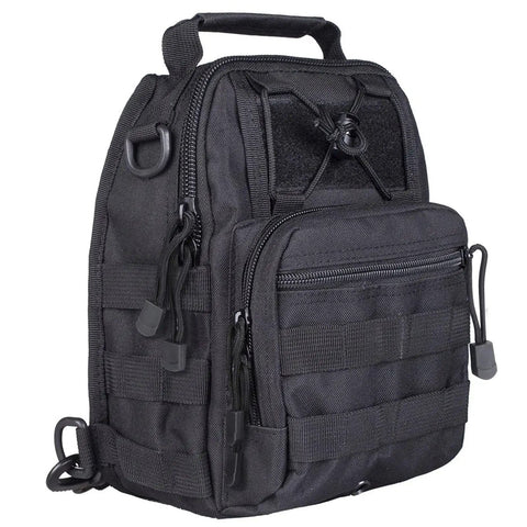 Black Outdoor Tactical Bag Backpack for Everyday Carry with multiple pockets, military style, compact sling pack for hiking, travel, EDC.