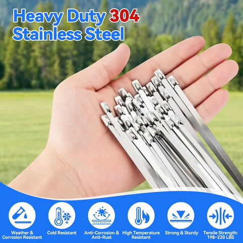 Person holding heavy duty 304 stainless steel cable ties outdoors