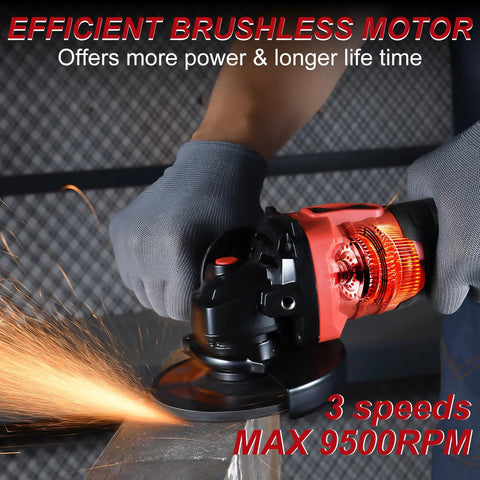 Side view of cordless angle grinder with red housing and black body, sparks during metal grinding