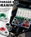 Storage box with 195 Piece O Ring Assortment Kit For Car Air Conditioning Systems with multi size O rings and gaskets shown in engine bay