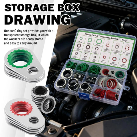 Storage box with 195 Piece O Ring Assortment Kit For Car Air Conditioning Systems with multi size O rings and gaskets shown in engine bay