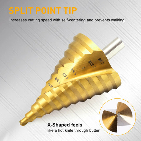 ROGAPER 12-step spiral groove drill bit, gold-colored high-speed steel, 1/4 in to 2-3/8 in, for metal and plastic