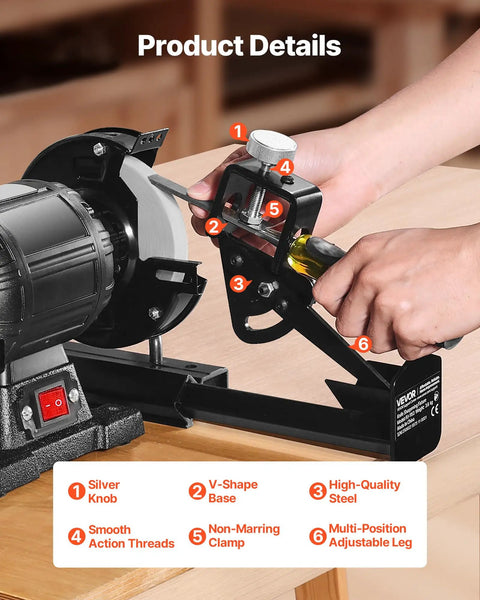 All In One Grind Sharpening System With Vari Grind Pro Jig for 6 and 8 inch bench grinders, includes platform and support arm in use
