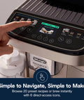 Control panel of the Straight Up Premium Automatic Espresso Machine With Integrated Milk Frother featuring 20 preset recipes.