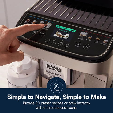 Control panel of the Straight Up Premium Automatic Espresso Machine With Integrated Milk Frother featuring 20 preset recipes.