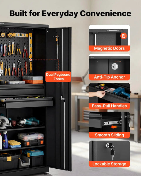 Heavy Duty Metal Storage Cabinet Built Tough With 180 Lb Shelf Load, 70.87 Inch Tall Garage Tool Cabinet With Dual Locking Doors