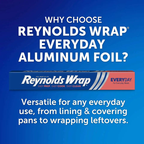 Reynolds Wrap Everyday Aluminum Foil with text highlighting versatile use and easy prep, cook, and clean benefits, 75 square feet.