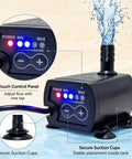 No Sweat Mini Sump Pump With Smart Water Level Sensor For Dead Simple Basement Water Removal And Adjustable Four Stage Flow Control Up To 13ft Max Lift Height touch control panel and secure suction cups displayed