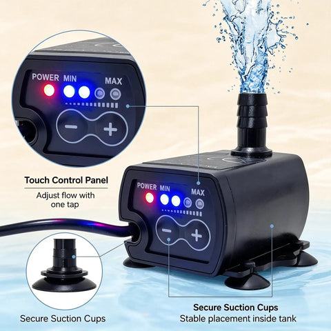 No Sweat Mini Sump Pump With Smart Water Level Sensor For Dead Simple Basement Water Removal And Adjustable Four Stage Flow Control Up To 13ft Max Lift Height touch control panel and secure suction cups displayed