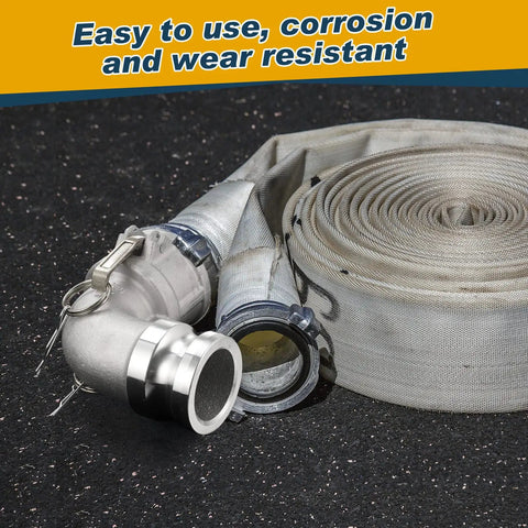 Aluminum Cam and Groove Hose Fitting 2 Inch Female to 2 Inch Male 90 Degree Elbow with rolled hose, industrial use