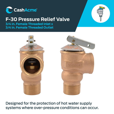 Three Quarter Inch F 30 Safety Relief Valve For Hot Water Heaters And Boilers Brass Push To Connect Pressure Release Fitting For Storage Tanks And Water Heaters Reliable Brass Plumbing Valve Model 20166 0030 By Cash Acme front and side view