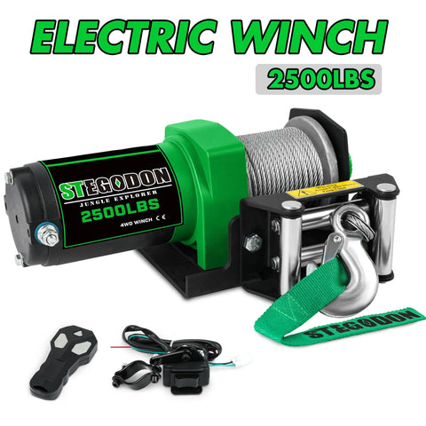 Stegodon 2500 lb electric winch for ATV/UTV with steel cable, green housing, wired and wireless remotes