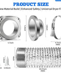 Magnetic Dryer Vent Connector Kit with snap to connect magnetic coupling, 4-inch foil duct, and clamps dimensions layout.