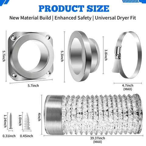 Magnetic Dryer Vent Connector Kit with snap to connect magnetic coupling, 4-inch foil duct, and clamps dimensions layout.