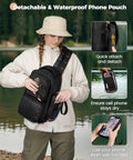Woman using Women's Fishing Sling Bag With Lure Rod Holder And Phone Pouch Waterproof 3600 Tackle Backpack with lake in background.